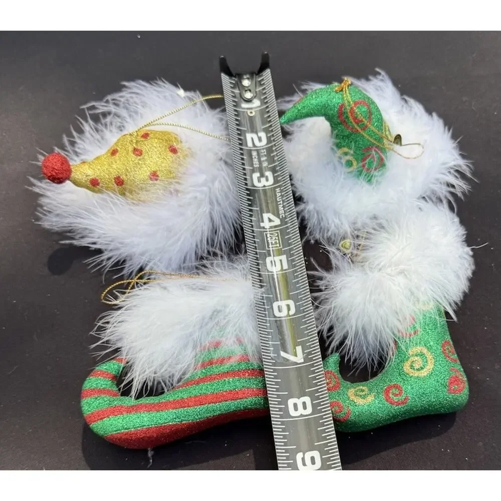 2 Vintage Department 56 Whimsical Elf Shoes & Hat Christmas ornaments -Lo10